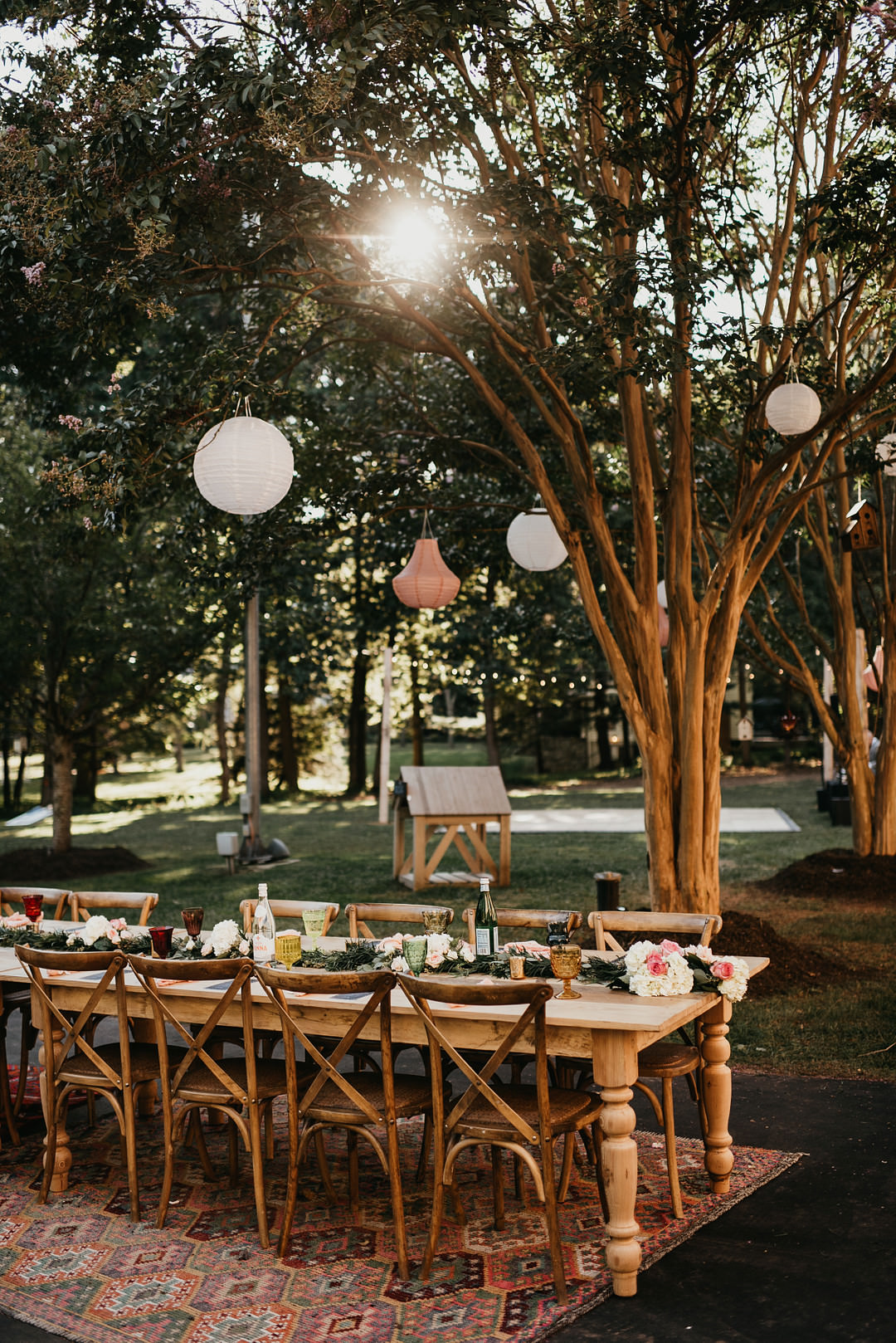Long Wooden Table Decor Rustic Colourful Backyard Woodland Wedding A&M Photography