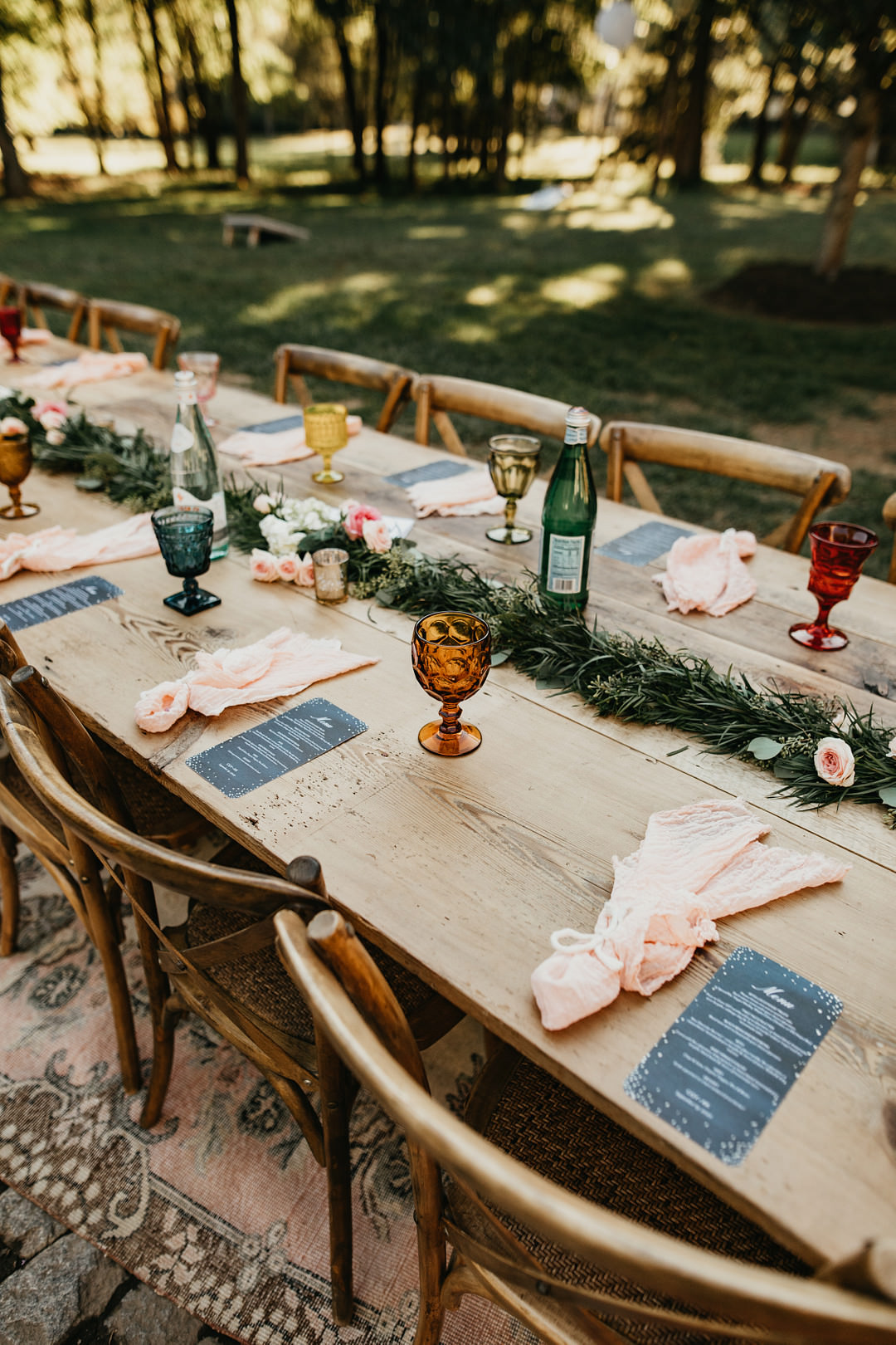 Long Wooden Table Decor Rustic Colourful Backyard Woodland Wedding A&M Photography