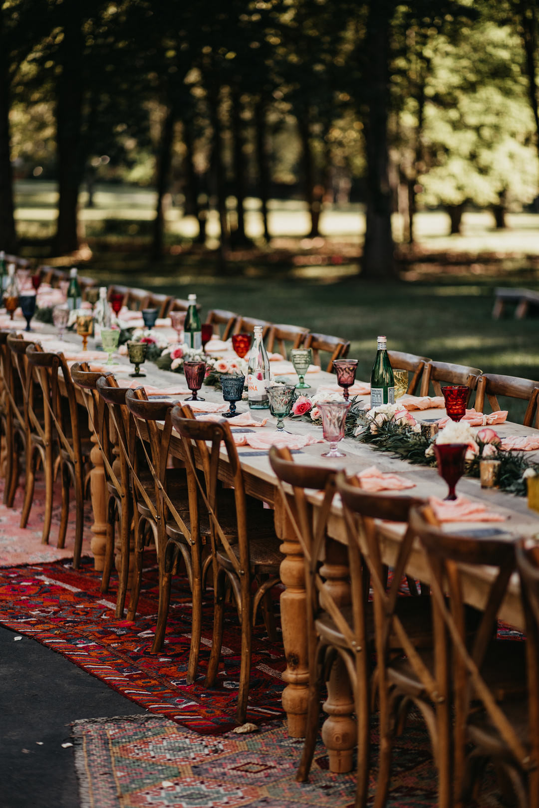 Long Wooden Table Decor Rustic Colourful Backyard Woodland Wedding A&M Photography