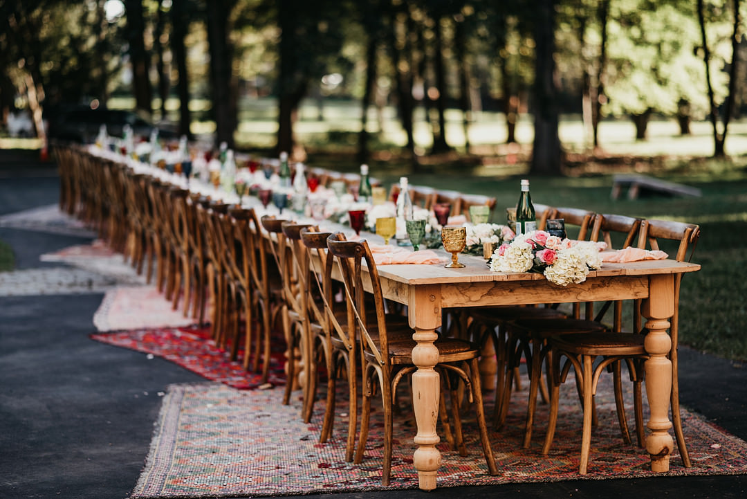 Long Wooden Table Decor Rustic Colourful Backyard Woodland Wedding A&M Photography
