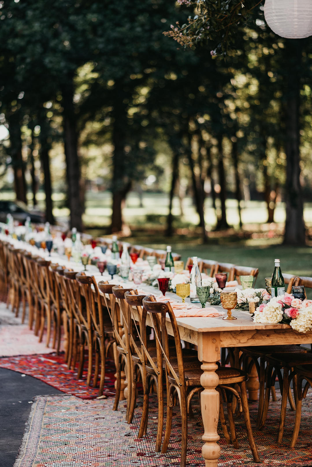 Long Wooden Table Decor Rustic Colourful Backyard Woodland Wedding A&M Photography