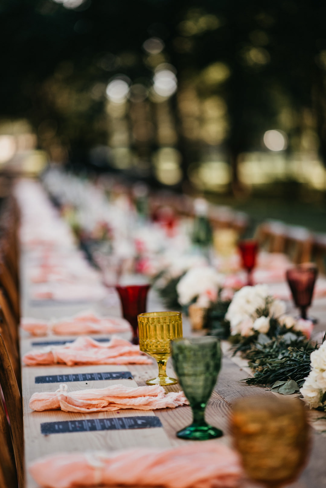 Long Wooden Table Decor Rustic Colourful Backyard Woodland Wedding A&M Photography