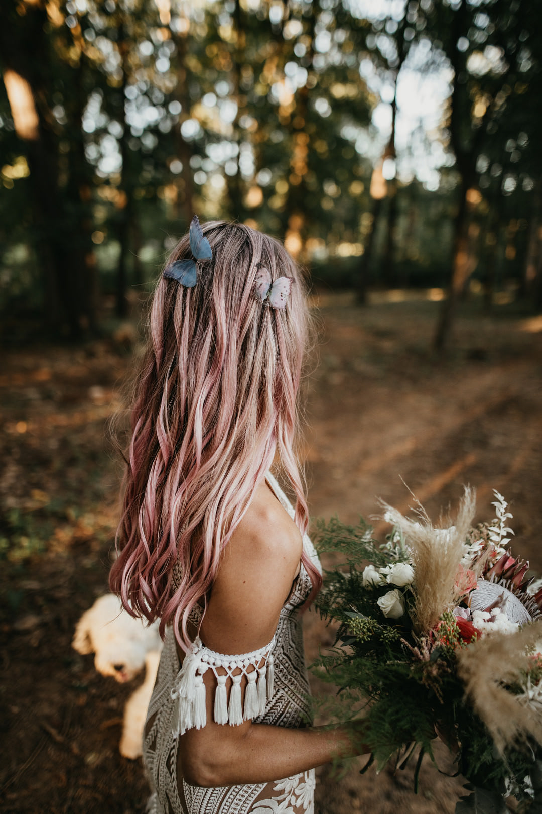 Bride Bridal Pink Hair Butterflies Backyard Woodland Wedding A&M Photography