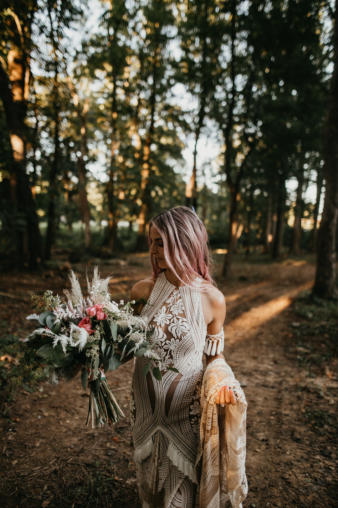 Dress Gown Bride Bridal Rue De Seine Boho Lace Fringe Backyard Woodland Wedding A&M Photography