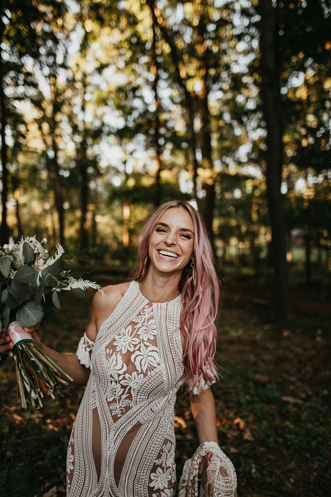 Dress Gown Bride Bridal Rue De Seine Boho Lace Fringe Pink Hair Backyard Woodland Wedding A&M Photography