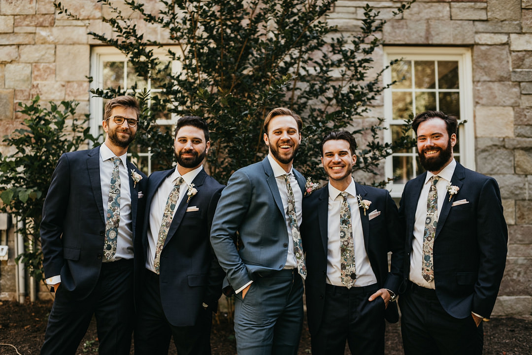 Groom Groomsmen Suit Blue Floral Tie Backyard Woodland Wedding A&M Photography