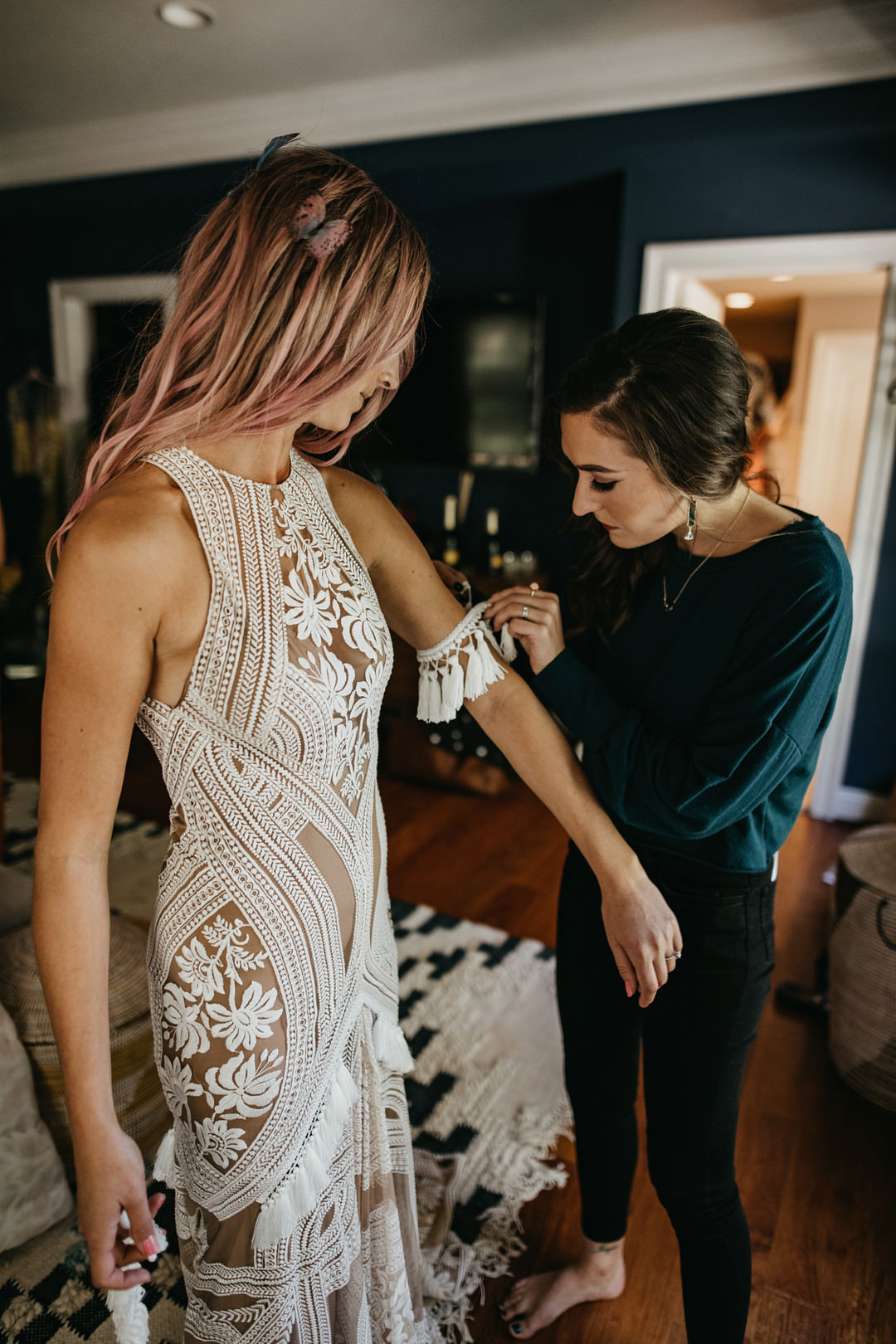 Dress Gown Bride Bridal Rue De Seine Boho Lace Fringe Backyard Woodland Wedding A&M Photography