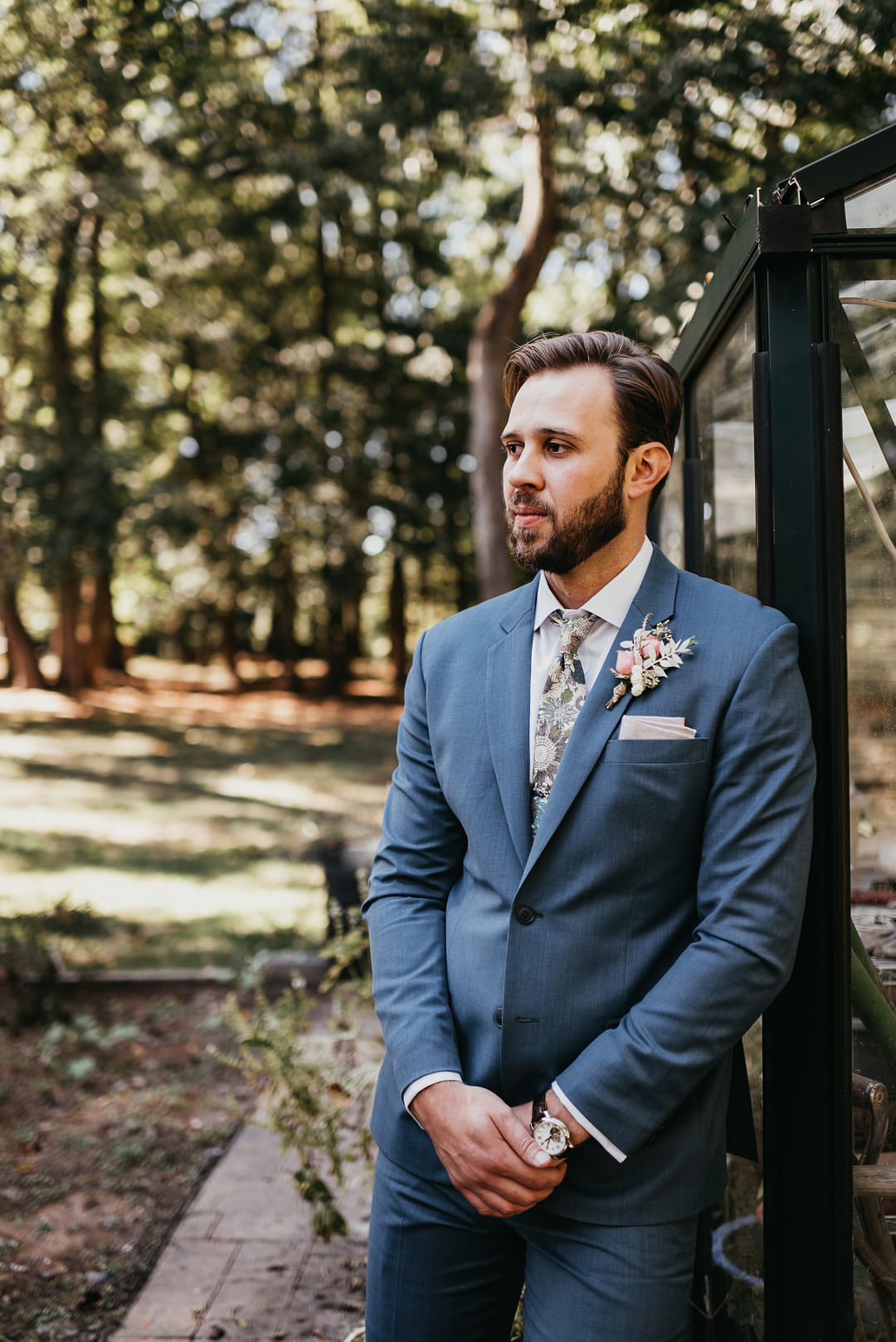 Groom Groomsmen Suit Blue Floral Tie Backyard Woodland Wedding A&M Photography