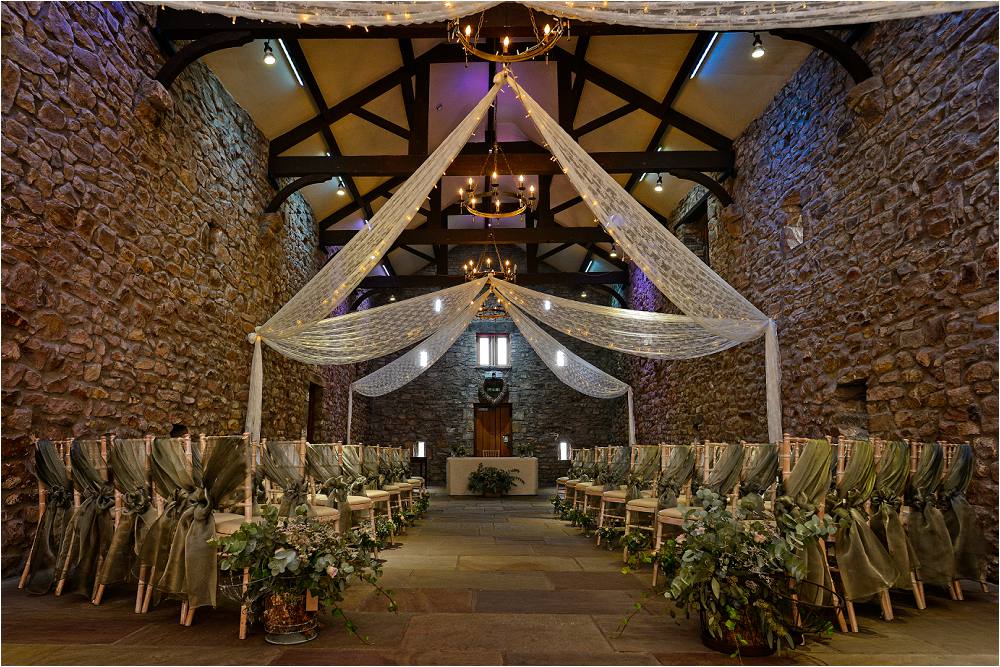 Browsholme Hall Wedding Jules Fortune Photography Barn Ceremony Fariy Lights Drapes Aisle Flowers
