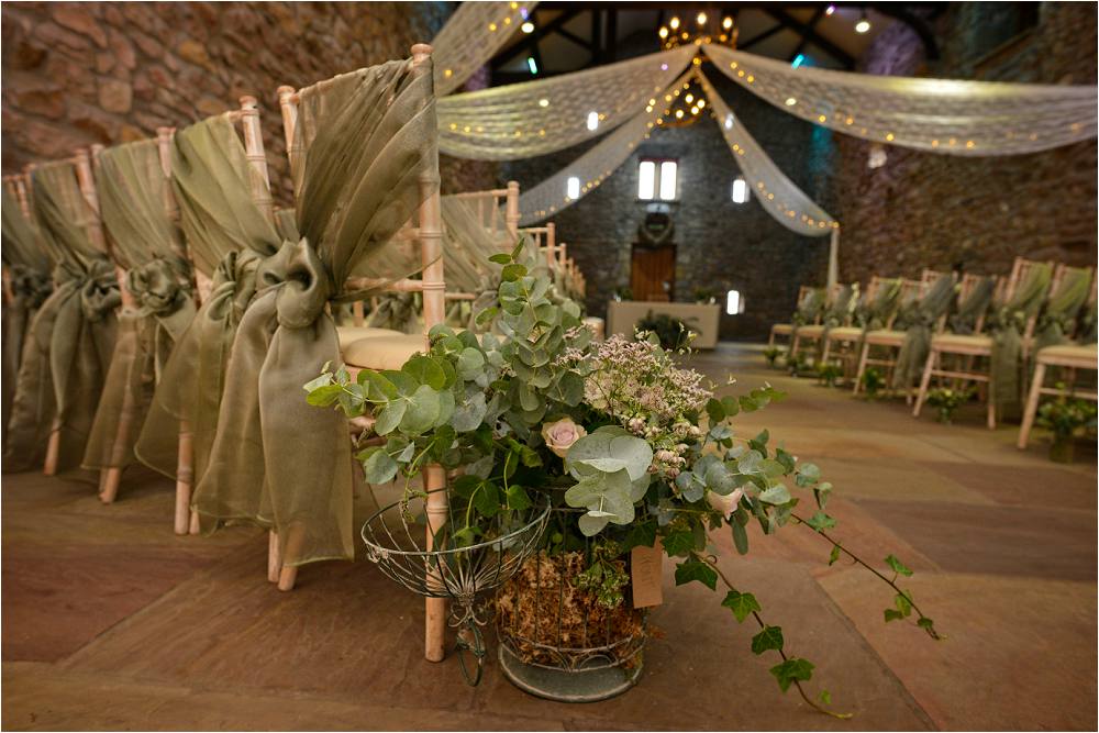 Barn Ceremony Fariy Lights Drapes Aisle Flowers Pew End Browsholme Hall Wedding Jules Fortune Photography