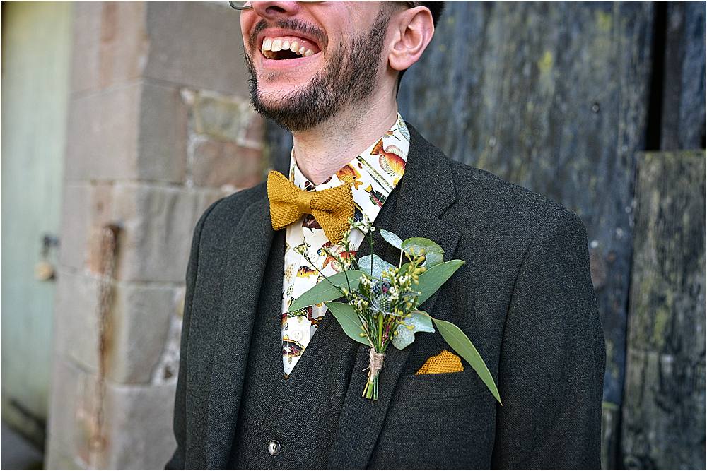 Groom Groomsmen Wool Green Suits Bow Tie Greenery Buttonhole Browsholme Hall Wedding Jules Fortune Photography