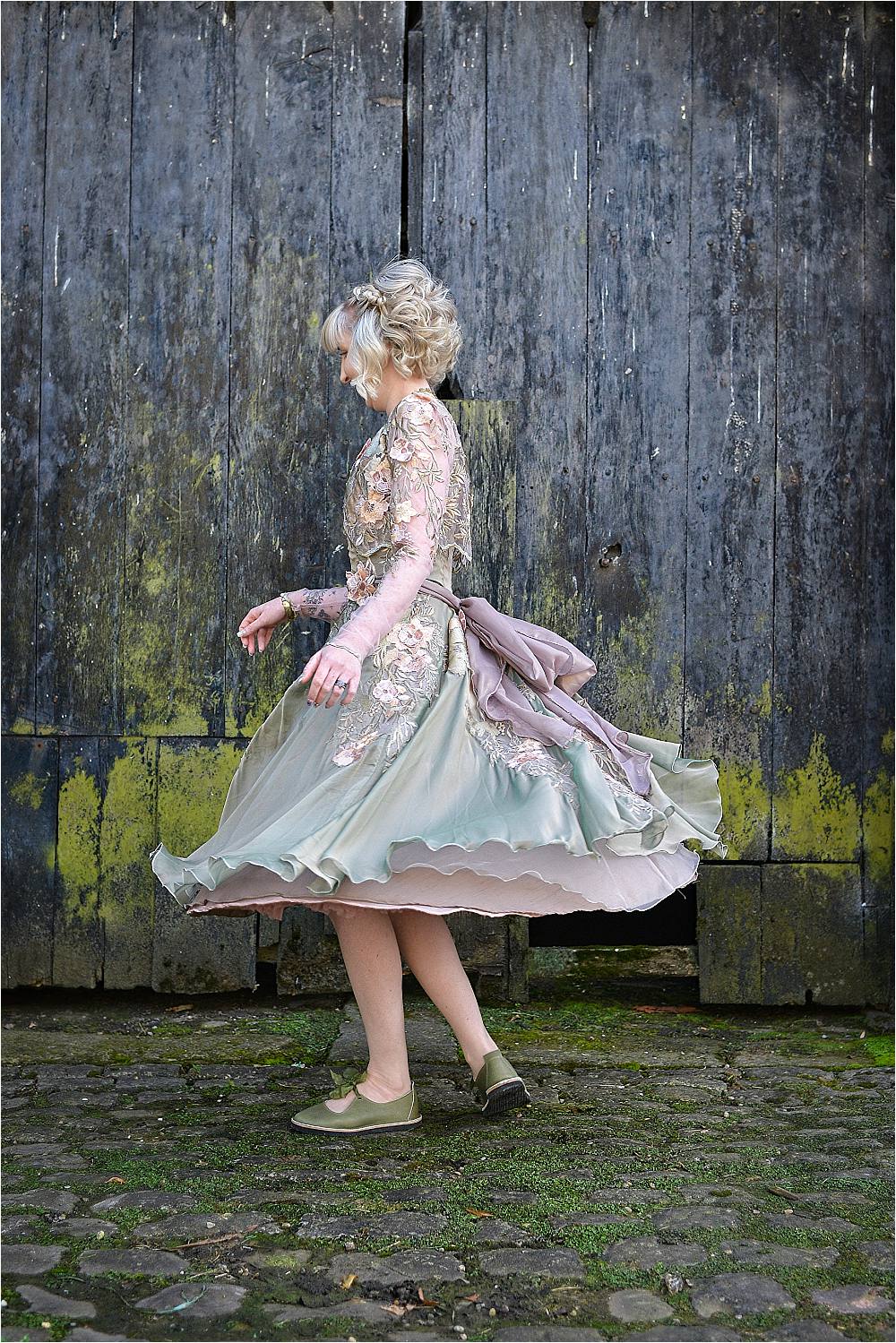 Dress Gown Bride Bridal Green Botanical Short Browsholme Hall Wedding Jules Fortune Photography