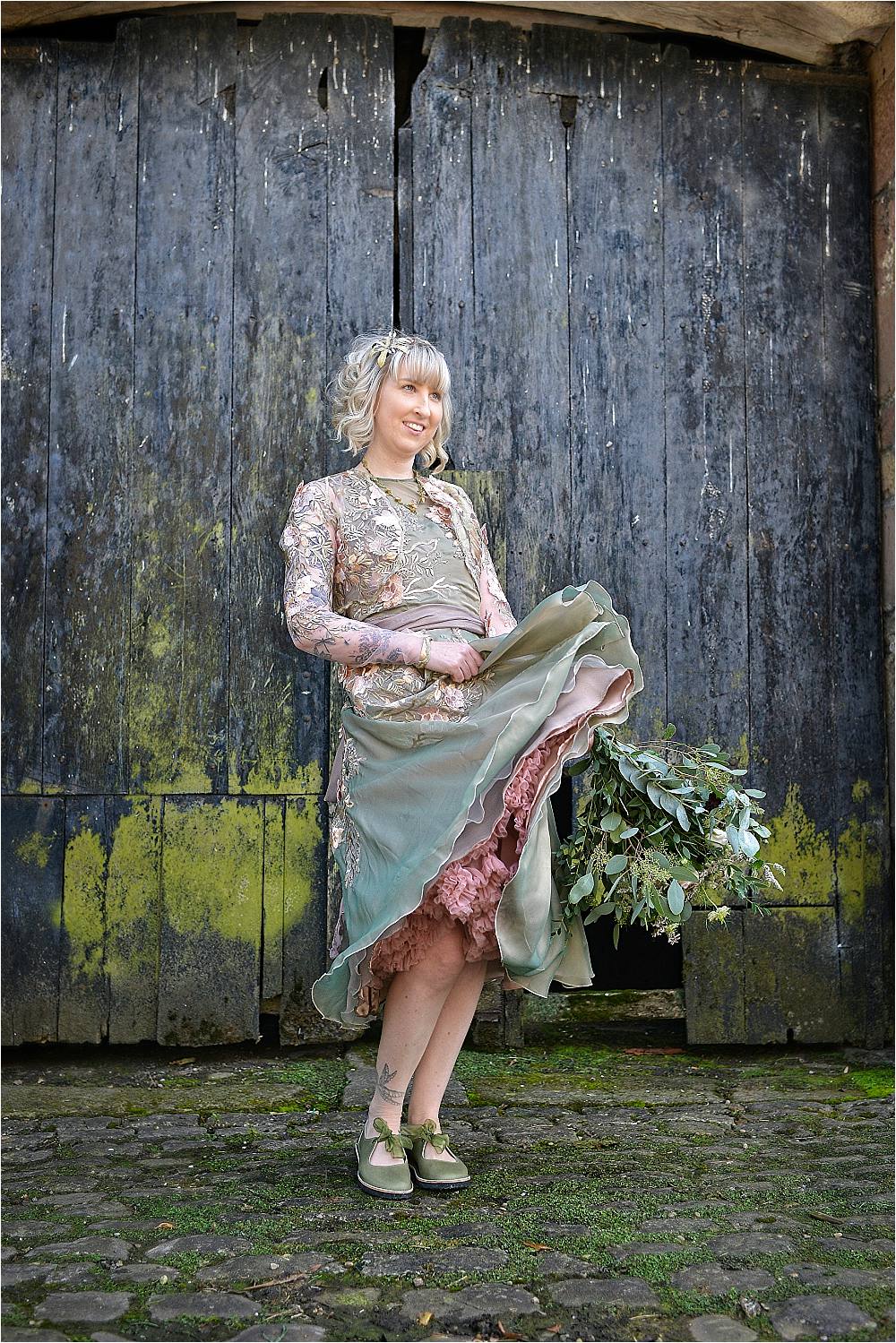 Dress Gown Bride Bridal Green Botanical Short Browsholme Hall Wedding Jules Fortune Photography