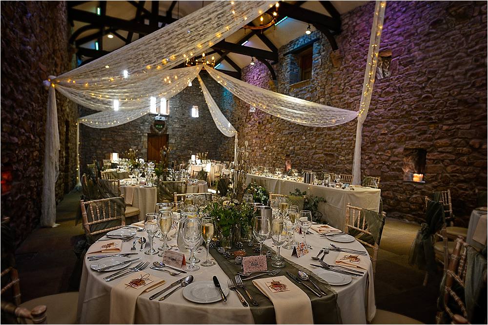 Barn Decor Fariy Lights Drapes Flowers Browsholme Hall Wedding Jules Fortune Photography
