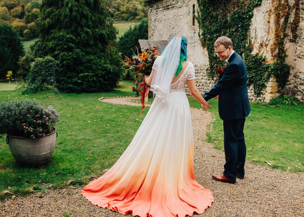 Dip Dye Wedding Dress Bride Bridal Gown Lucy Can't Dance Orange Colourful Alternative Wedding Hollie Carlin Photography