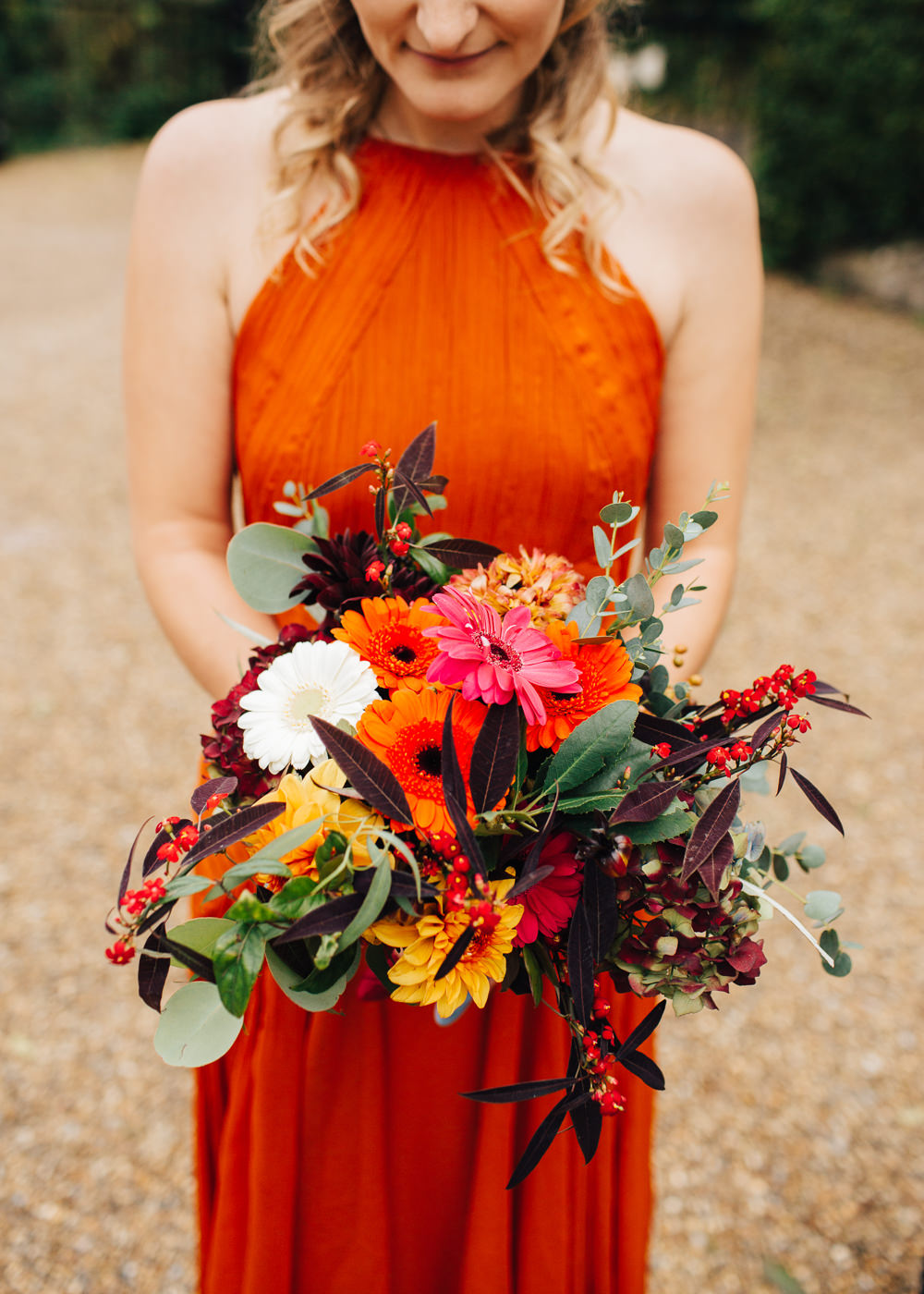 Bouquet Flowers Bride Bridal Bridesmaid Pink Orange Gerbera Dahlia Colourful Alternative Wedding Hollie Carlin Photography