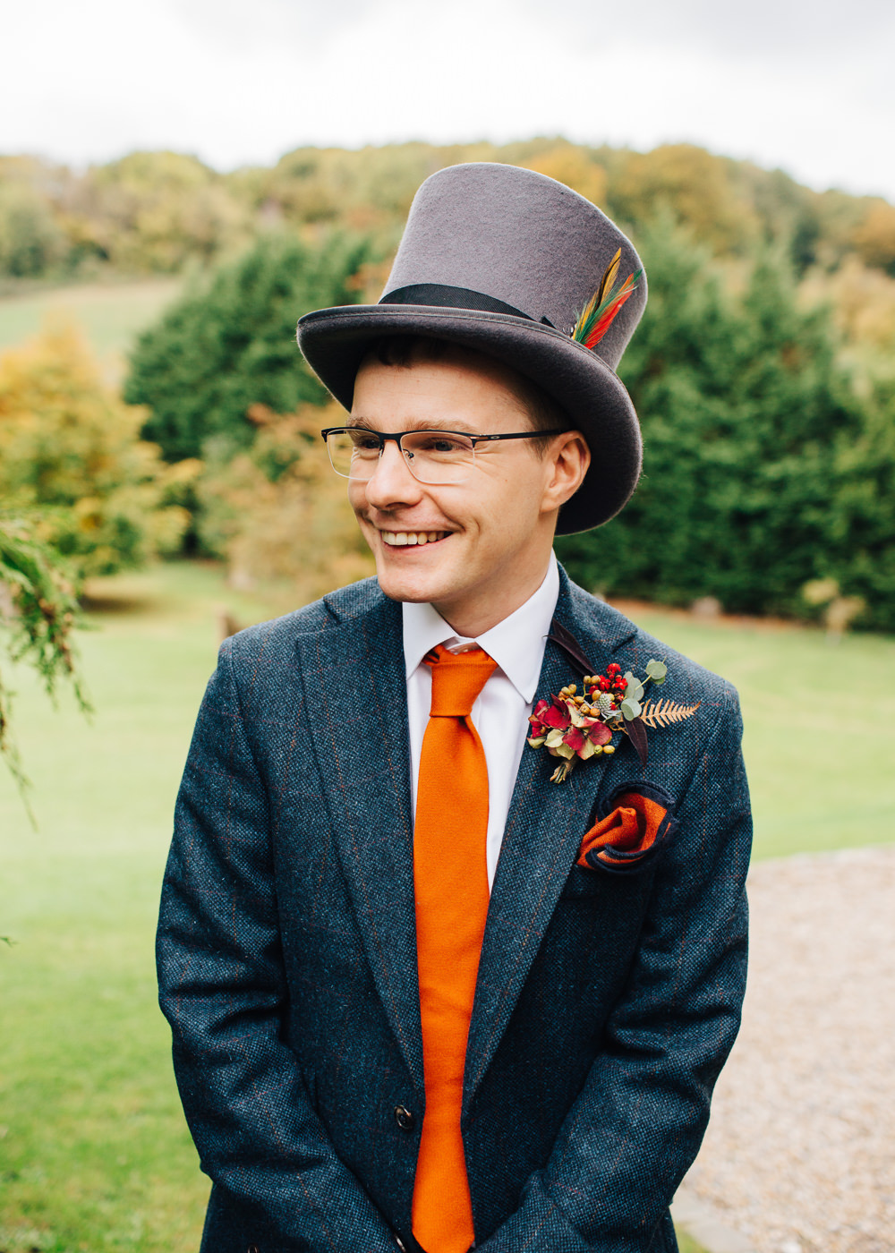 Groom Suit Orange Tie Top Hat Colourful Alternative Wedding Hollie Carlin Photography
