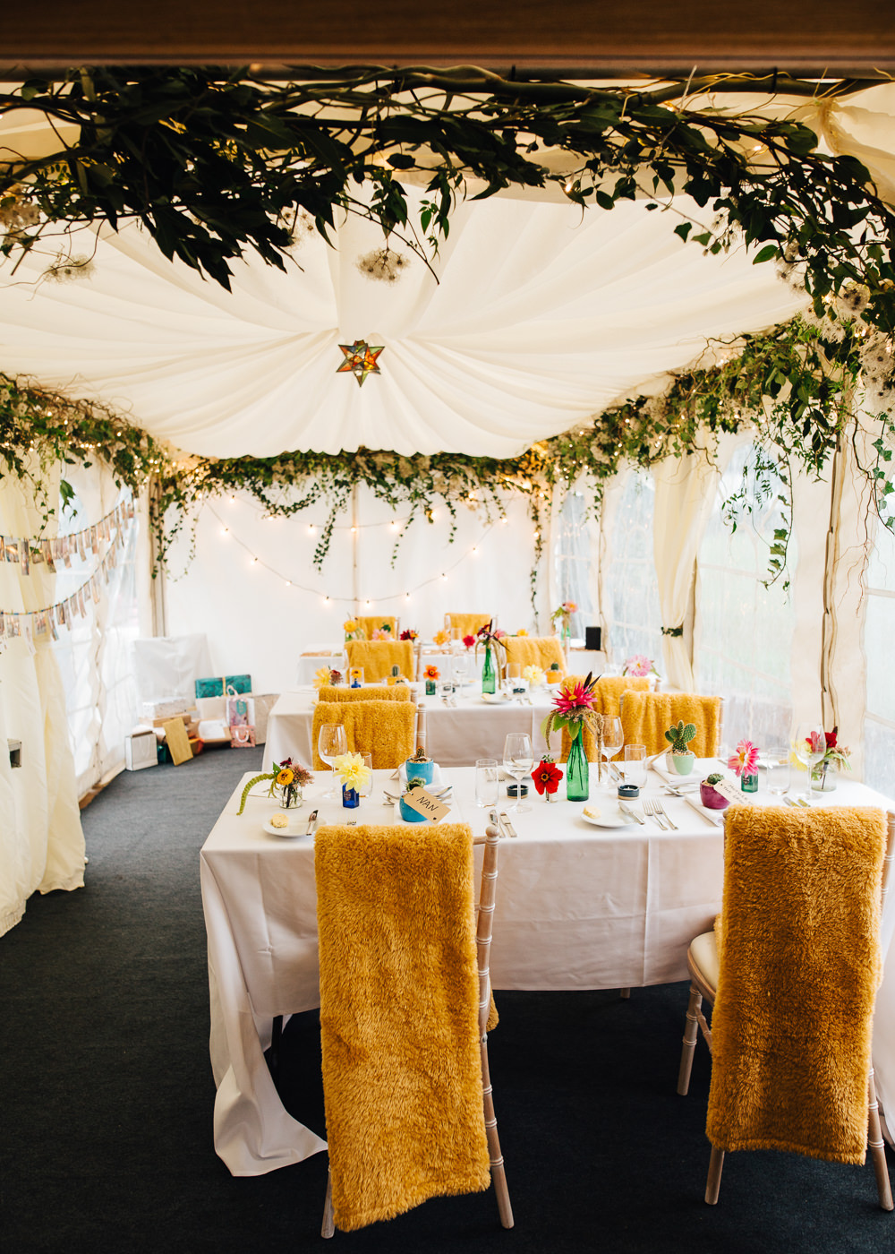 Marquee Greenery Fairy Lights Decor Chair Blanket Favours Colourful Alternative Wedding Hollie Carlin Photography