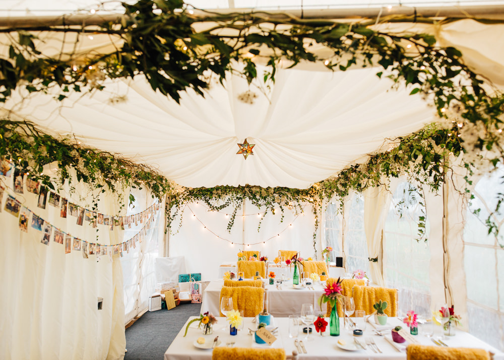 Marquee Greenery Fairy Lights Decor Colourful Alternative Wedding Hollie Carlin Photography
