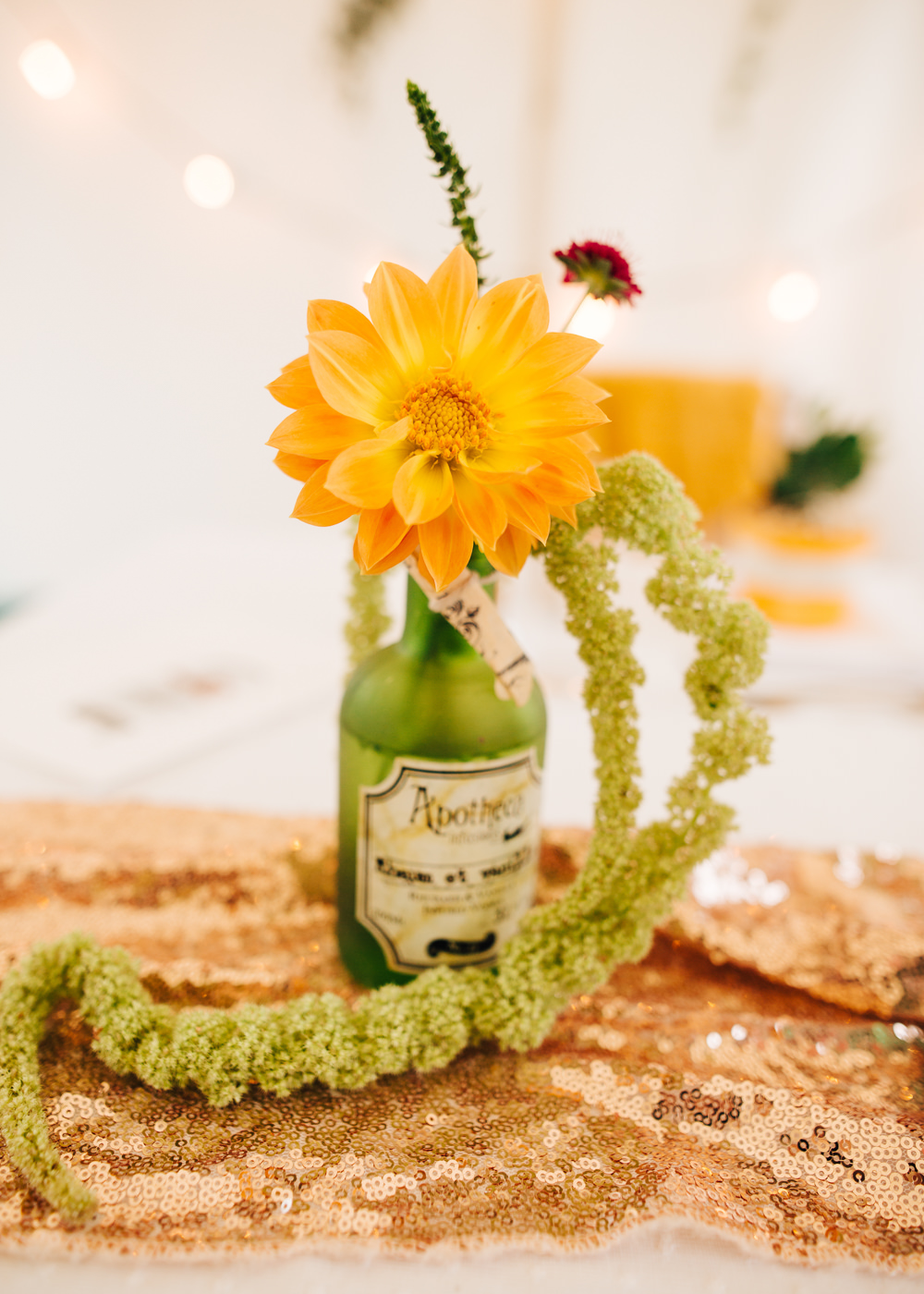 Bottle Flowers Rose Gold Sequin Table Runner Colourful Alternative Wedding Hollie Carlin Photography