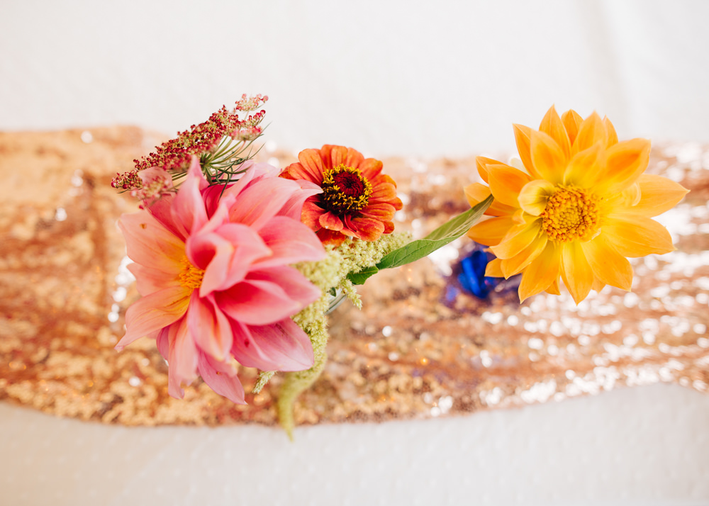 Bottle Flowers Rose Gold Sequin Table Runner Colourful Alternative Wedding Hollie Carlin Photography