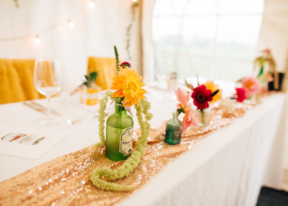 Bottle Flowers Rose Gold Sequin Table Runner Colourful Alternative Wedding Hollie Carlin Photography