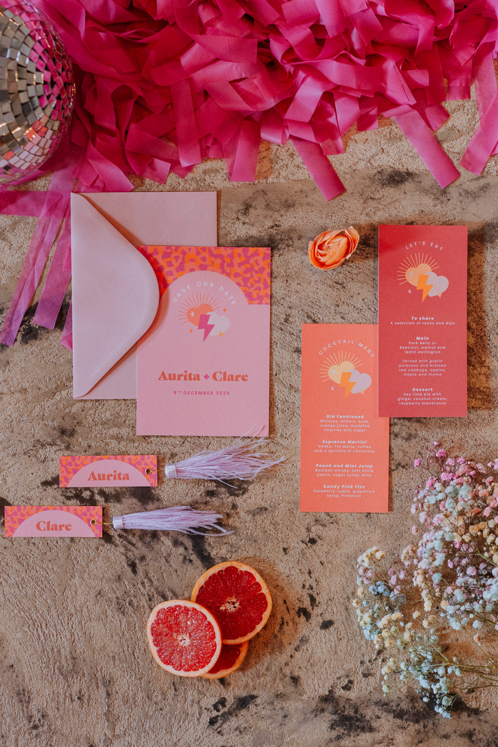 Stationery Invite Invitation Pink Orange Disco Wedding Ideas Lex Fleming Photo