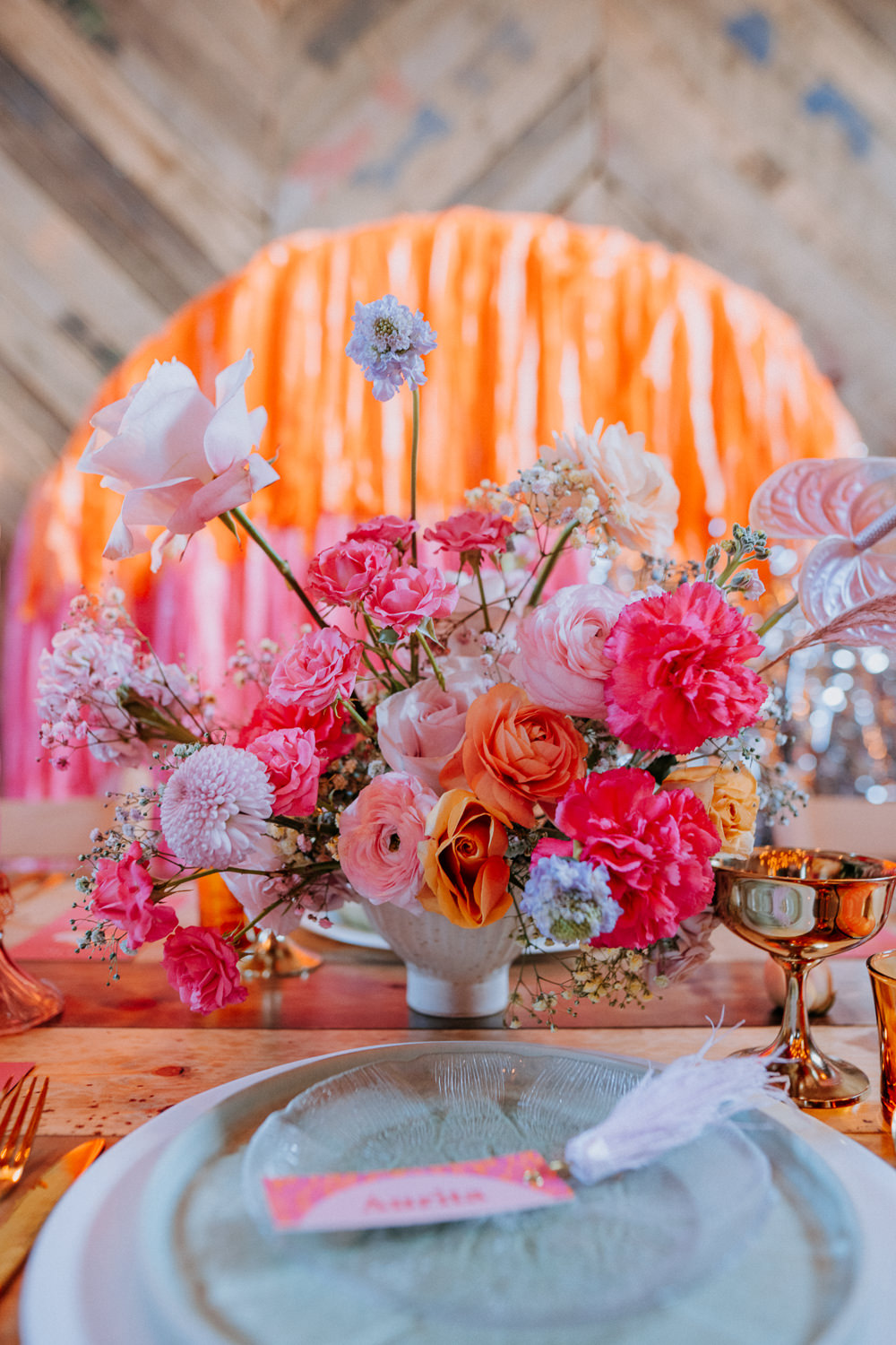 Holographic Flowers Pink Orange Modern Centrepiece Disco Wedding Ideas Lex Fleming Photo