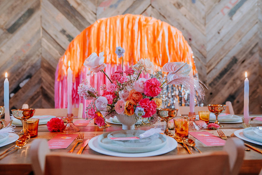 Table Tablescape Decor Flowers Candles Streamer Backdrop Silver Pink Orange Disco Wedding Ideas Lex Fleming Photo