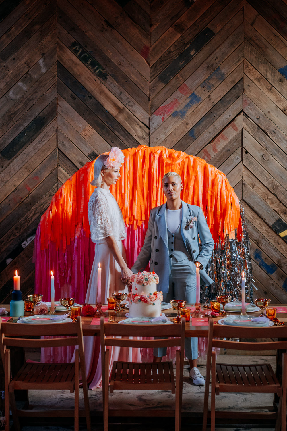 Table Tablescape Decor Flowers Candles Streamer Backdrop Silver Pink Orange Disco Wedding Ideas Lex Fleming Photo