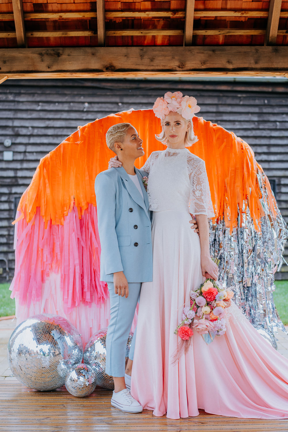 Streamer Backdrop Silver Pink Orange Ceremony Aisle Disco Wedding Ideas Lex Fleming Photo