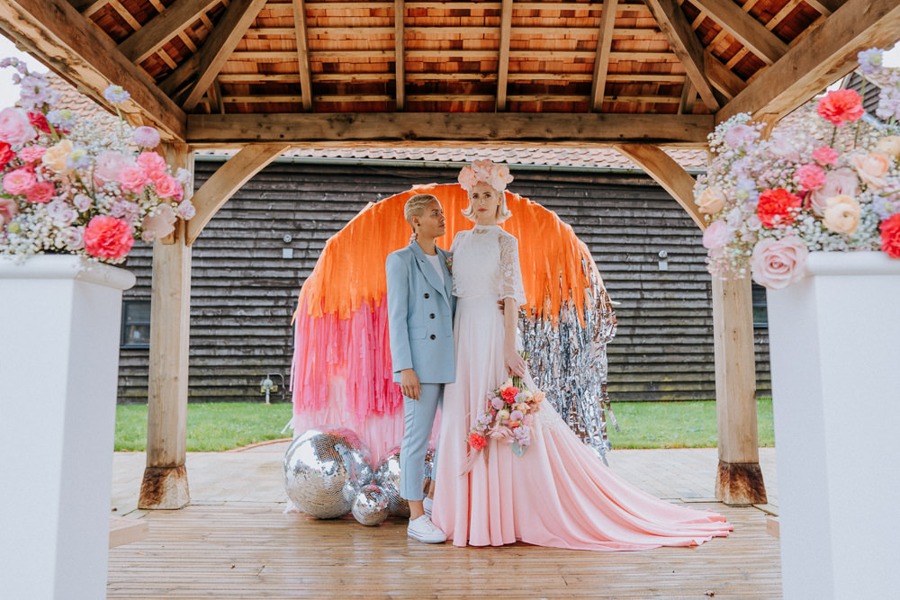 Streamer Backdrop Silver Pink Orange Ceremony Aisle Disco Wedding Ideas Lex Fleming Photo