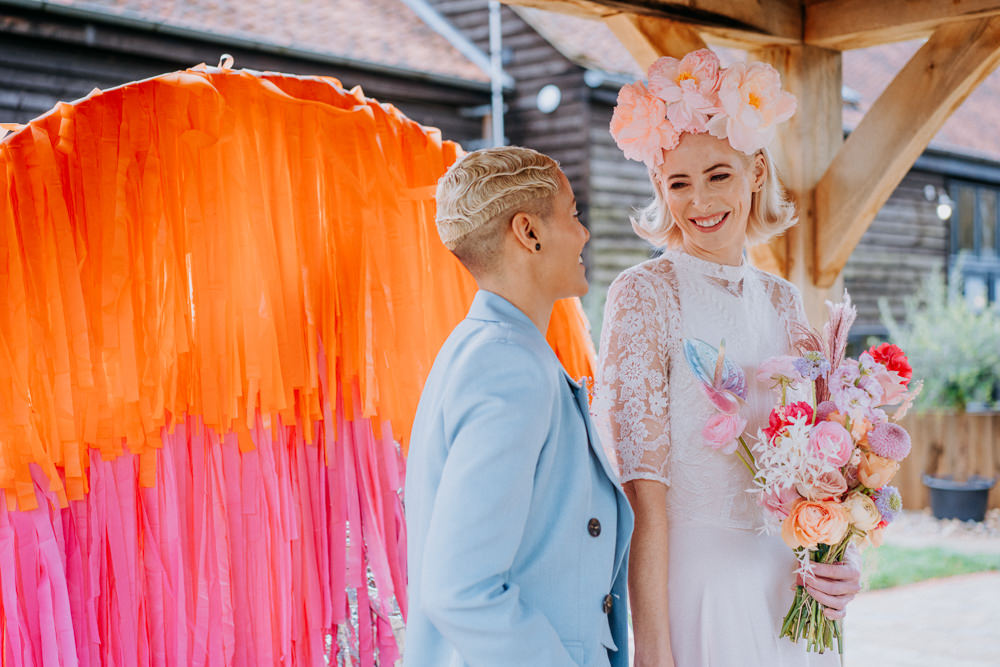 Streamer Backdrop Silver Pink Orange Ceremony Aisle Disco Wedding Ideas Lex Fleming Photo