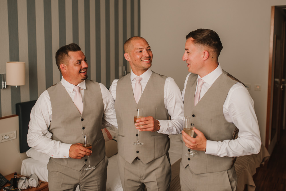 Groom Groomsmen Grey Suit Pink Tie Dubrovnik Wedding Iva & Vedran