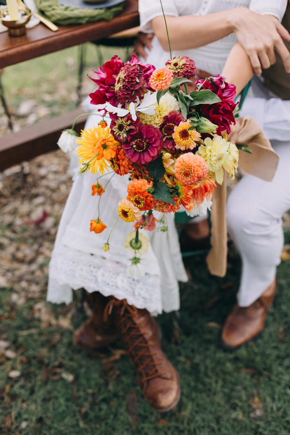 Bouquet Flowers Red Orange Dahlia Sunflower Bride Bridal Farm To Table Wedding Carito Photography