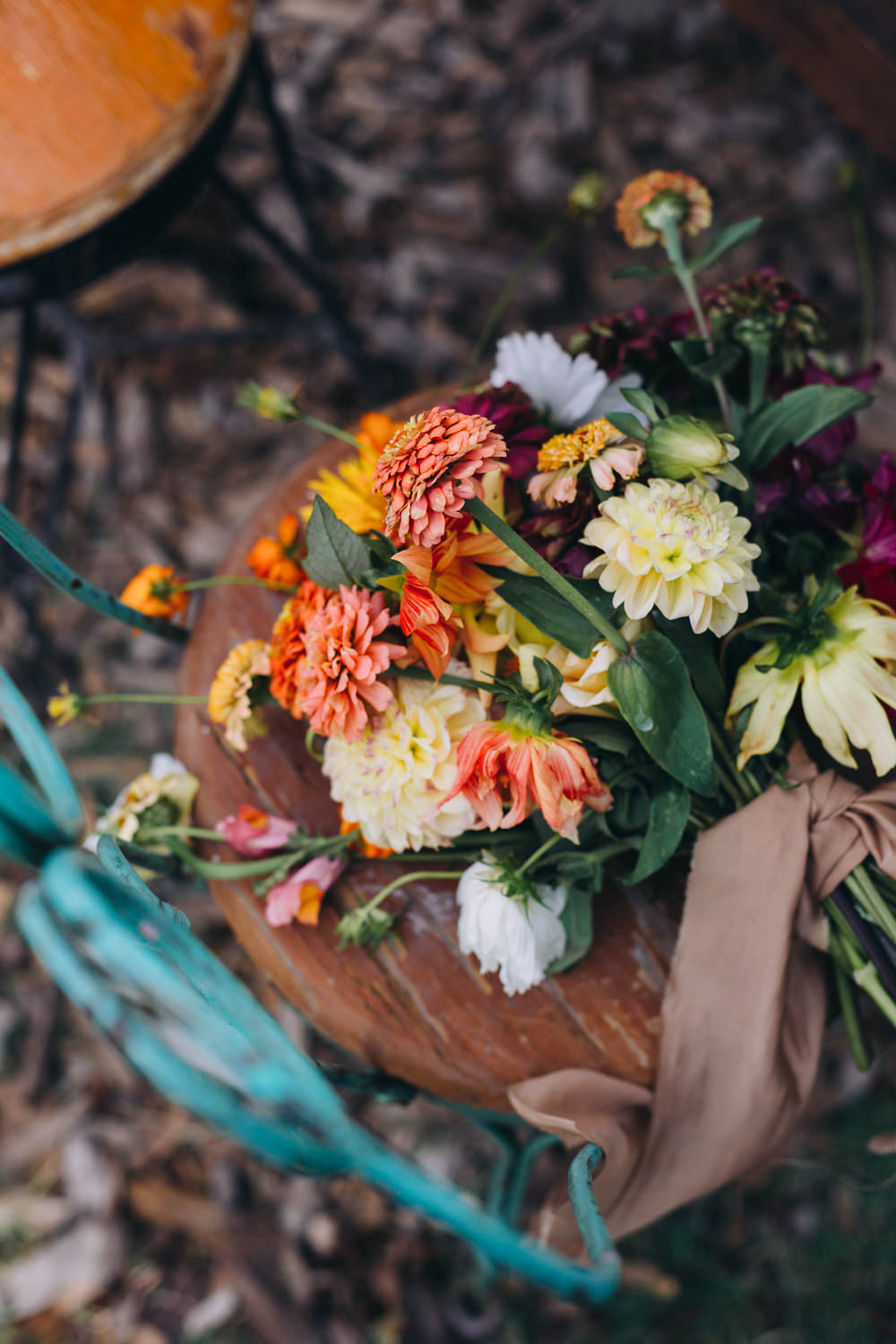 Bouquet Flowers Red Orange Dahlia Sunflower Bride Bridal Farm To Table Wedding Carito Photography