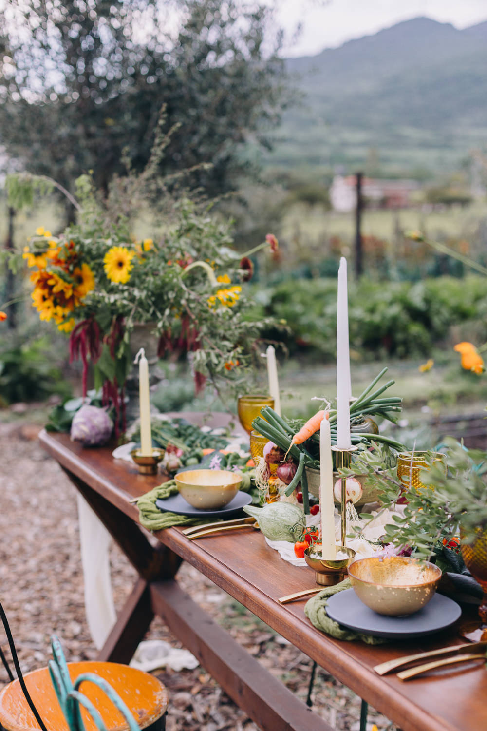 Table Tablescape Decor Candles Vegetables Flowers Farm To Table Wedding Carito Photography