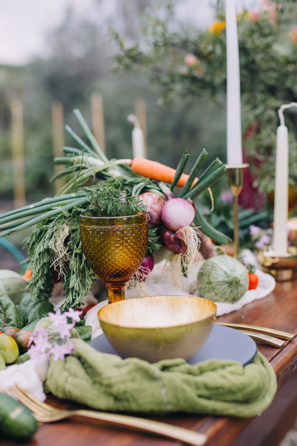 Place Setting Decor Napkin Table Tablescape Decor Candles Vegetables Flowers Farm To Table Wedding Carito Photography