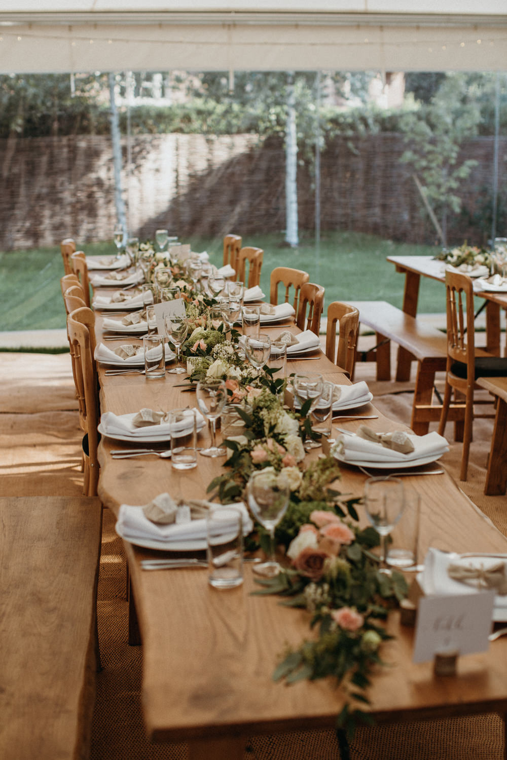 Long Wooden Table Flowers Runner Blush Rose Greenery Garden Marquee Wedding Only Lovers Photography