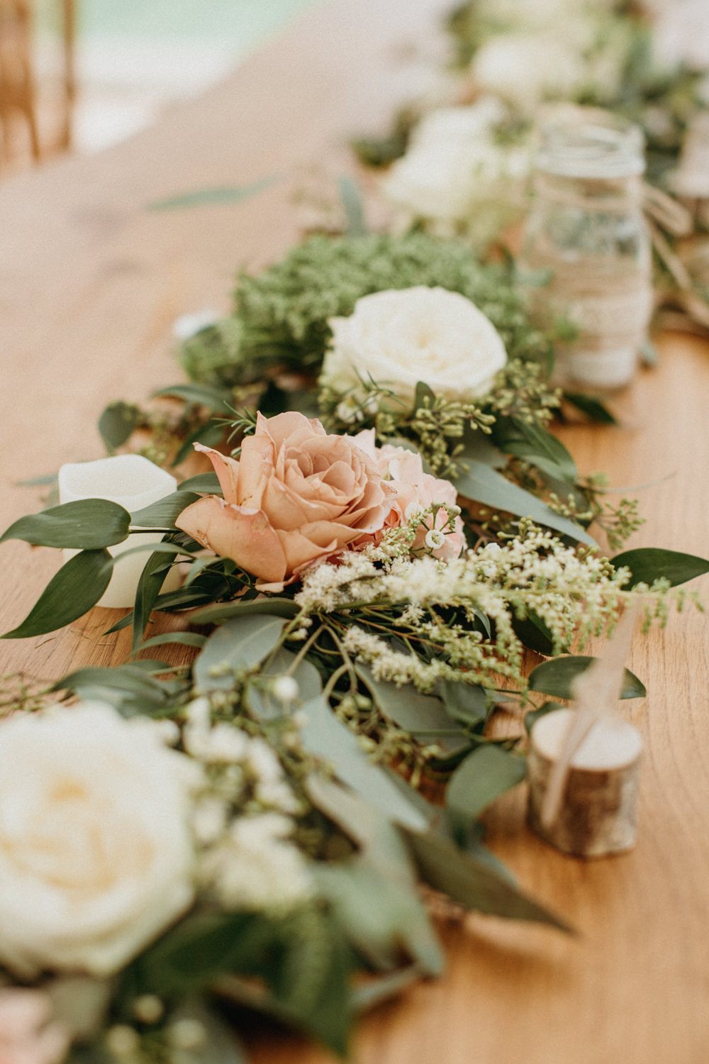 Long Wooden Table Flowers Runner Blush Rose Greenery Garden Marquee Wedding Only Lovers Photography