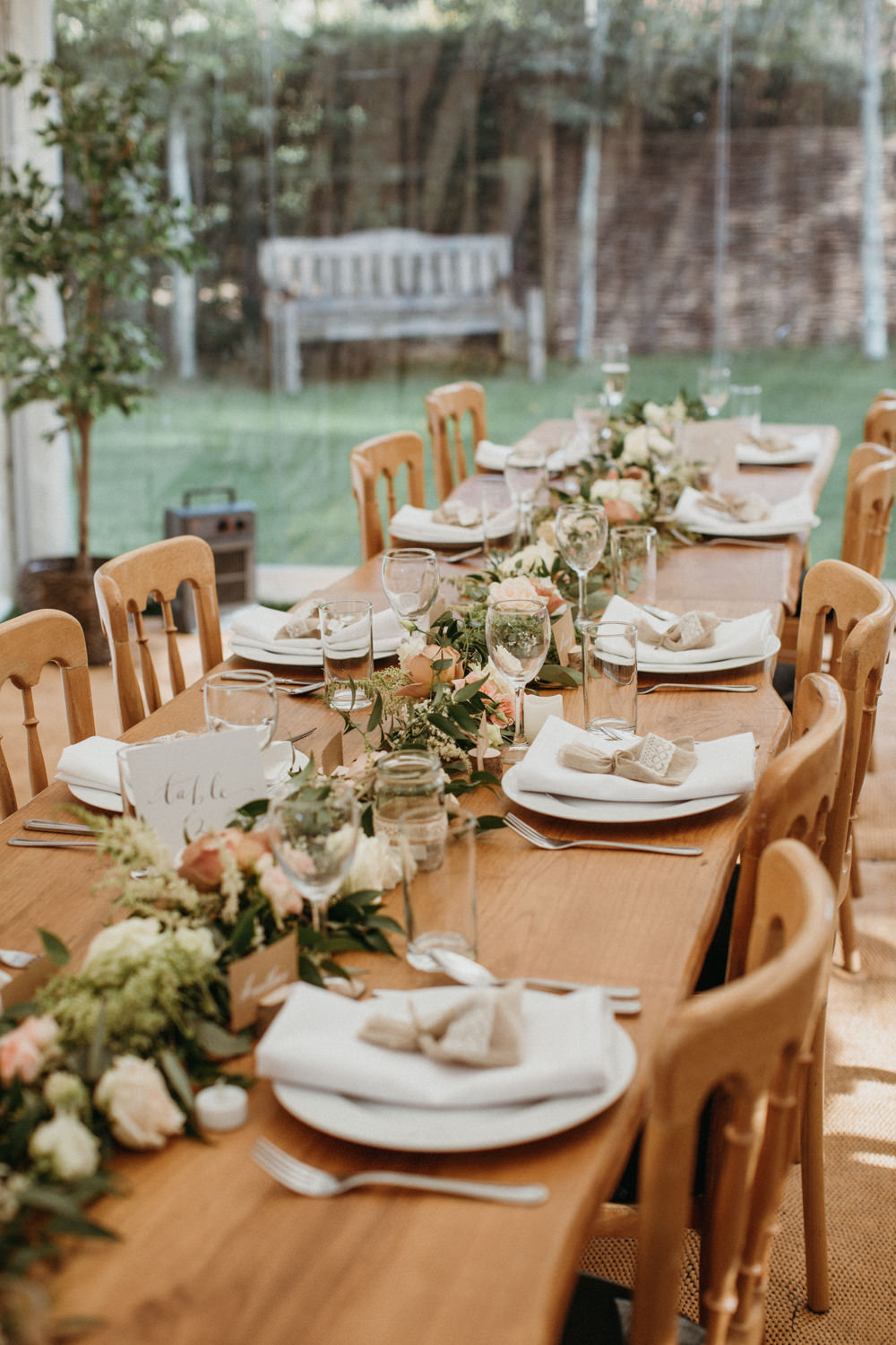 Long Wooden Table Flowers Runner Blush Rose Greenery Garden Marquee Wedding Only Lovers Photography
