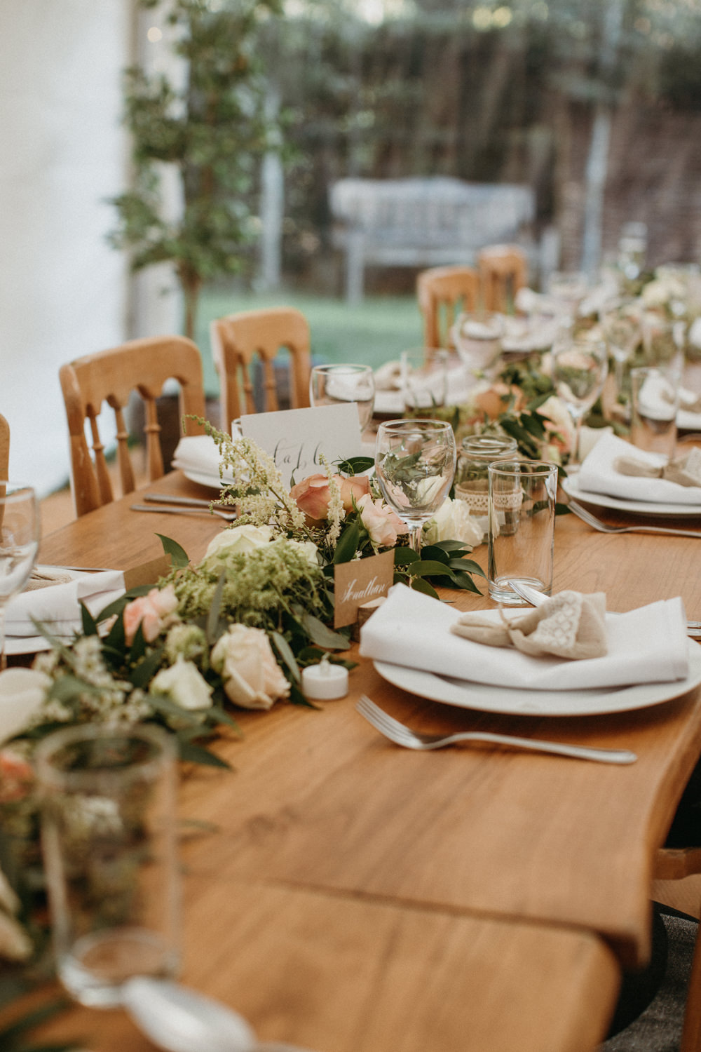 Long Wooden Table Flowers Runner Blush Rose Greenery Garden Marquee Wedding Only Lovers Photography