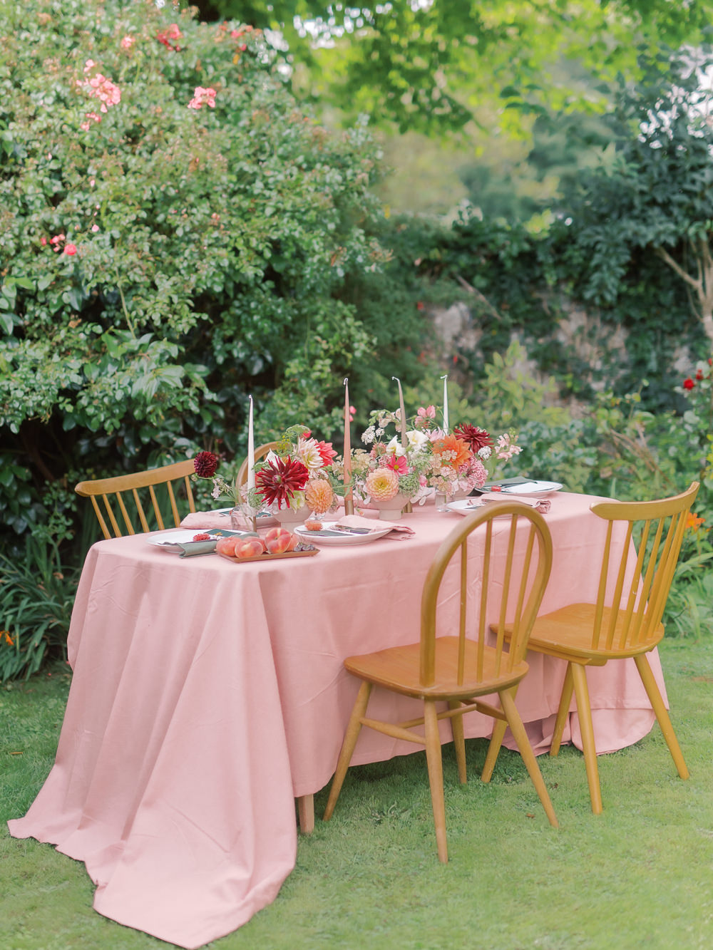 Table Tablescape Pink Red Flowers Candles Fruit Decor Garden Picnic Wedding Heledd Roberts Photography