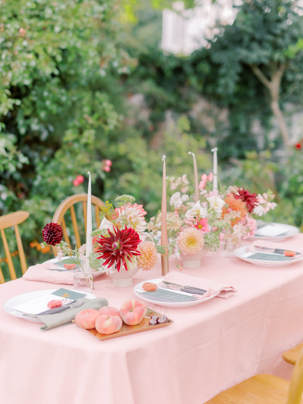 Table Tablescape Pink Red Flowers Candles Fruit Decor Garden Picnic Wedding Heledd Roberts Photography