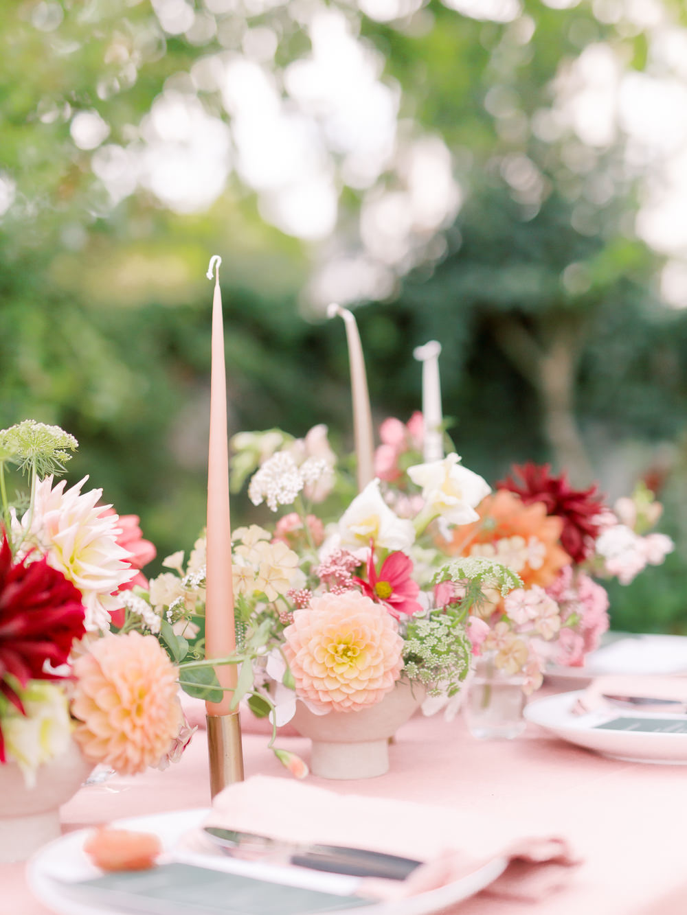 Flowers Centrepiece Dahlia Pink Red Garden Picnic Wedding Heledd Roberts Photography