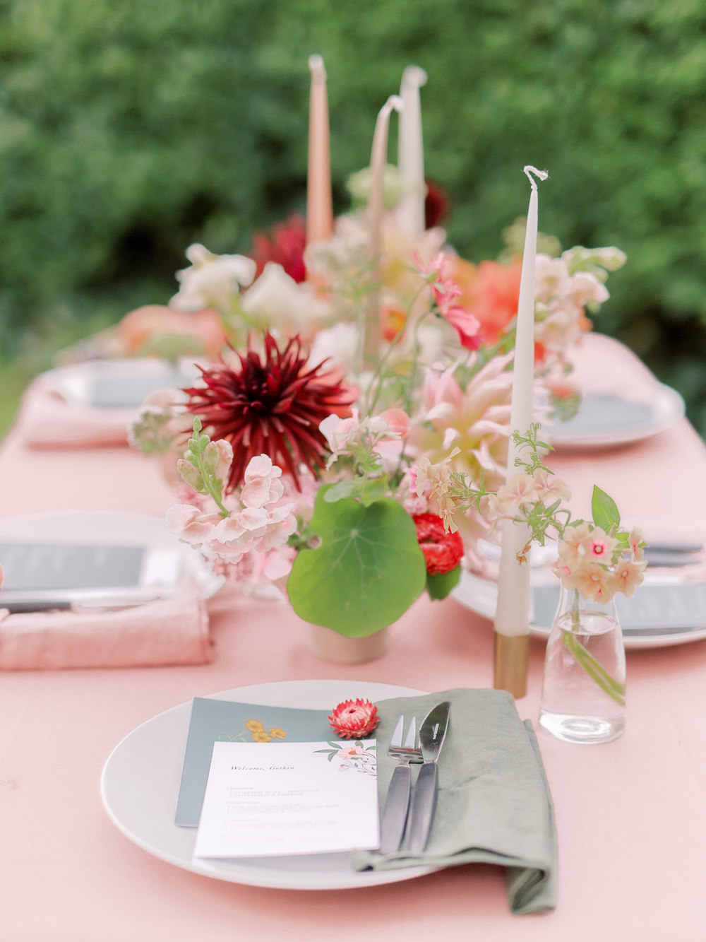 Table Tablescape Pink Red Flowers Candles Fruit Decor Garden Picnic Wedding Heledd Roberts Photography