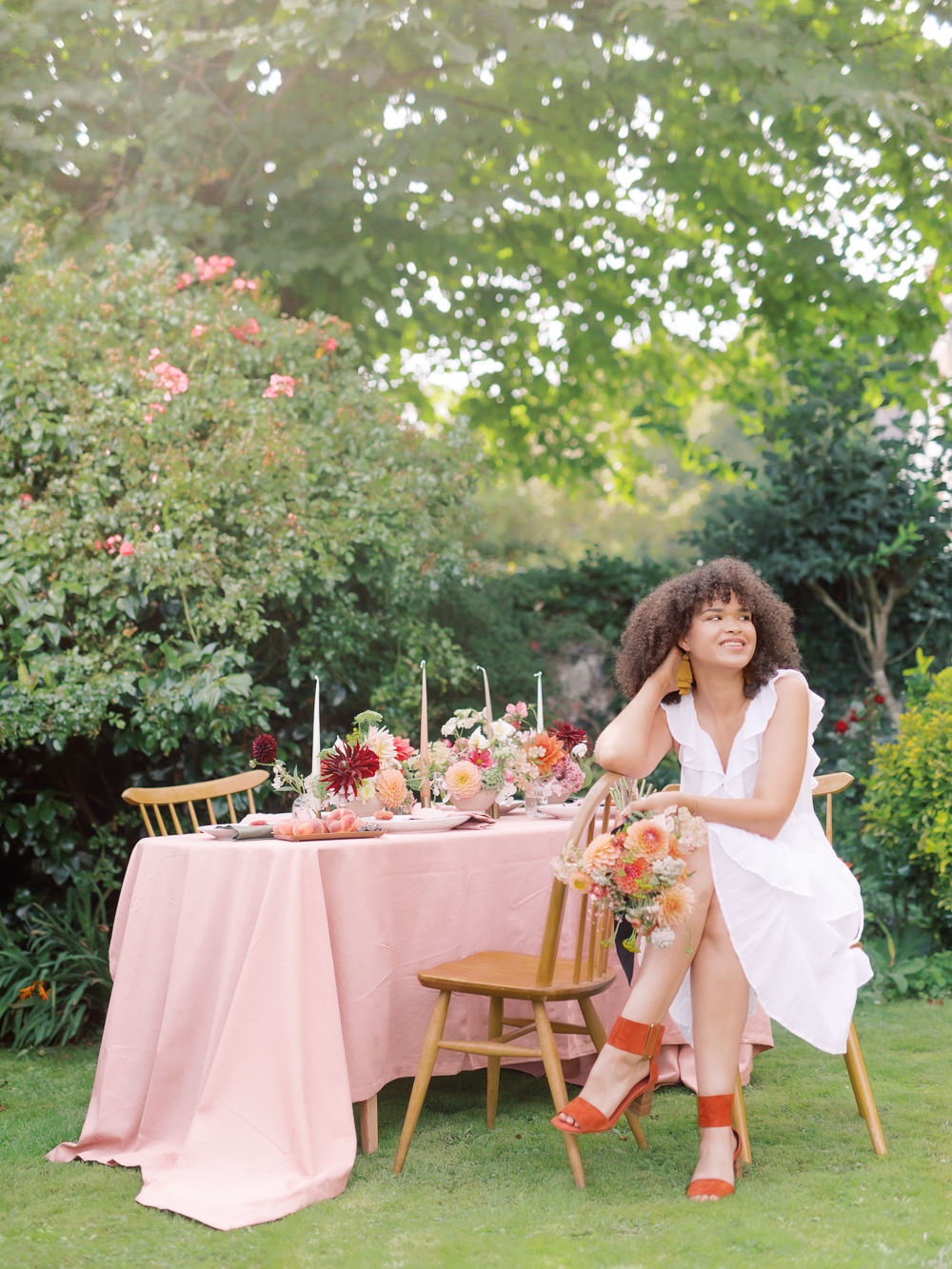 Garden Picnic Wedding Heledd Roberts Photography Table Tablescape Pink Red Flowers Candles Fruit Decor