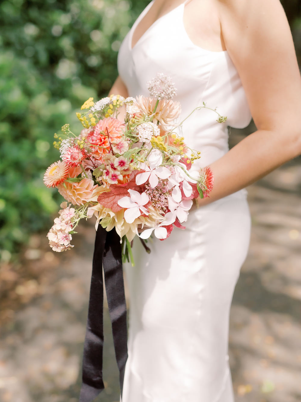 Bouquet Flowers Bride Bridal Pink Red Black Ribbon Garden Picnic Wedding Heledd Roberts Photography