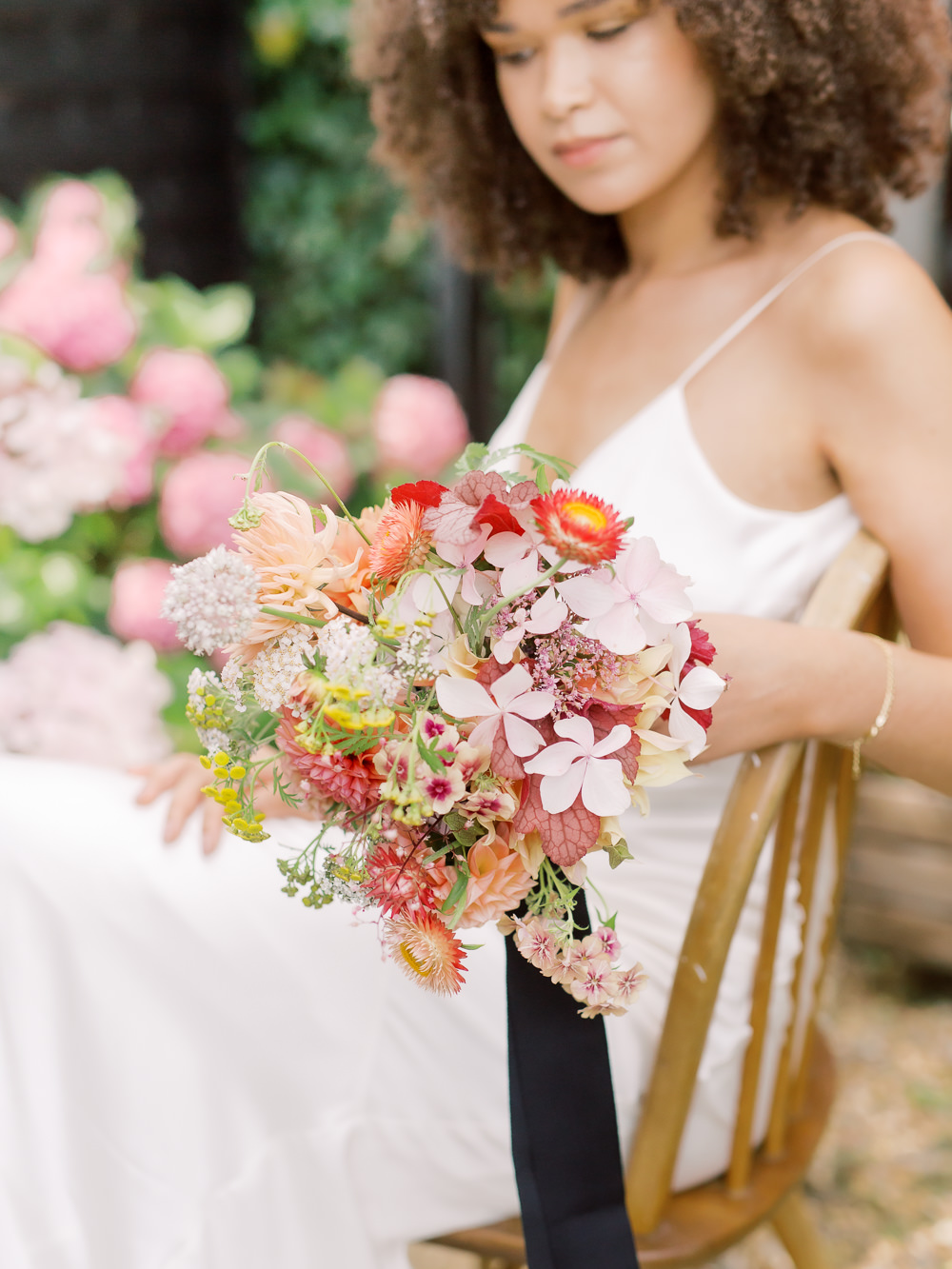 Bouquet Flowers Bride Bridal Pink Red Black Ribbon Garden Picnic Wedding Heledd Roberts Photography
