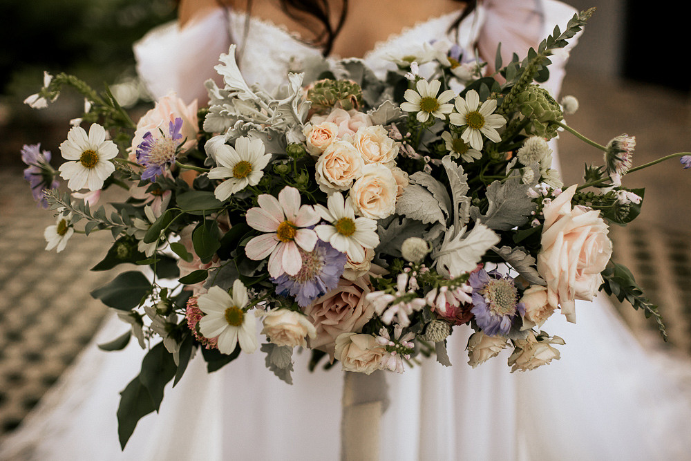 Bouquet Flowers Bride Bridal Cosmos Rose Ribbon Whimsical Magical Fairytale Wedding Ideas Golden Vibes Photo